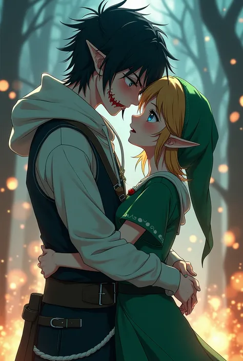 cute teenage boy in a cosplay of link from zelda wearing a green dress and a hat like link with black red eyes kissing a tall hot jeff the killer aka tall pale white skinned boy with black long messy hair blue eyes cut in red smile on his face wearing whit...