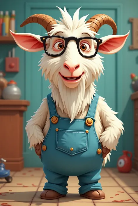 An anthropomorphic goat, elderly, white fur, old person glasses, long snout, light blue mechanic overalls, cartoon art style.