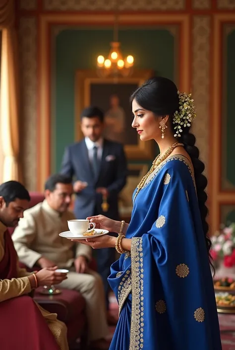 A beautiful matured girl dressed in bridal saree (royal blue with gold embroidery, her long black hair carefully styled into a braid adorned with jasmine flowers serving snacks and tea to the groom in suit and his parents seating on sofas in hall.