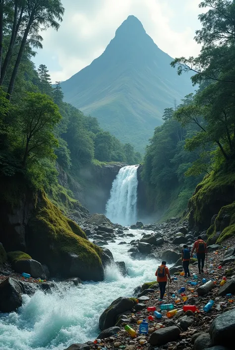 adams peak sri lanka mountain + water falls +  peoples distry environment with plastic bottles 