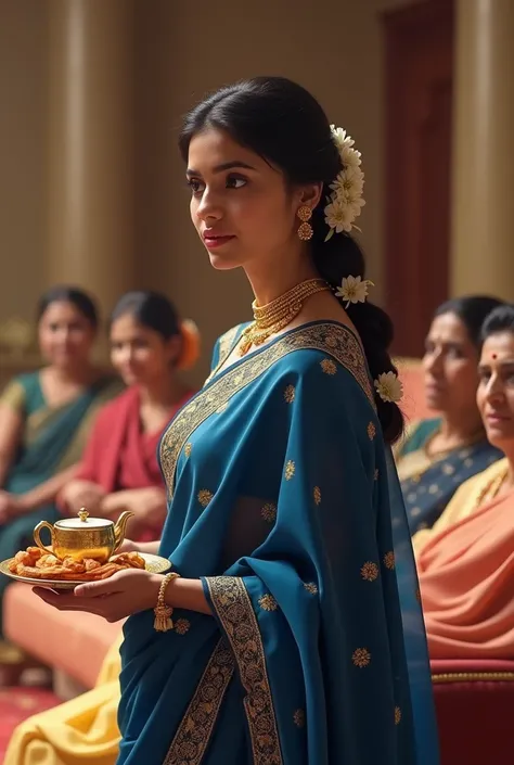 A beautiful matured girl dressed in bridal saree (royal blue with gold embroidery, her long black hair carefully styled into a braid adorned with jasmine flowers looking into near by mirror while serving snacks and tea to the groom in suit and his parents ...