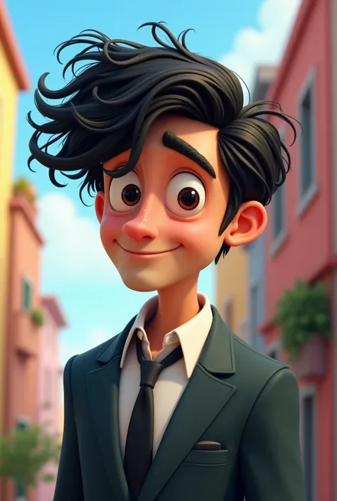  Man with messy black hair wearing a suit , The cartoon style is  : Recent cartoon (dreem works)
