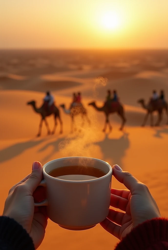 A first-person perspective of someone standing on a sand dune, watching a camel caravan pass in the distance at dawn. The camera captures the golden light illuminating the desert, while the foreground shows a pair of hands holding a cup of steaming tea. Th...