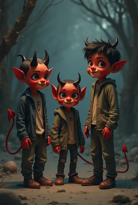 3 small devils are standing next to 3 boys