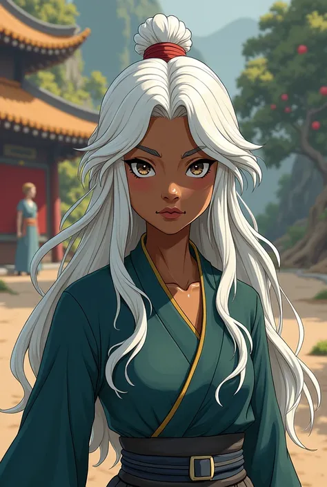 Dark-skinned, white-haired female Avatar :a Lenda de Aang, dark-skinned and white-haired in 2D. no elf ears 