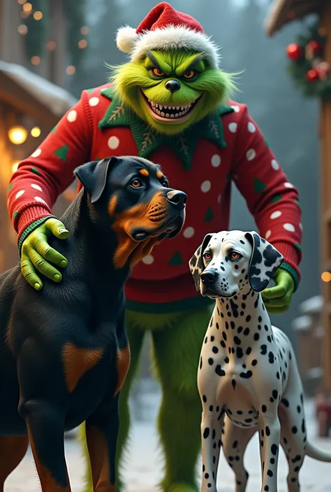 A Rotwailler, a Dalmatian with a black-stained face and the Grinch wearing Christmas clothes 