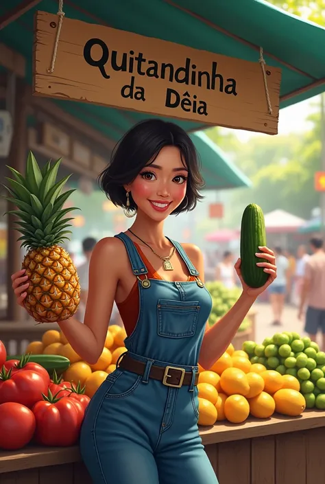  Asian woman, Very short hair,  looking forward, blue denim jumpsuit , smiling,  at a fruit stand, offering pineapple right hand and holding cucumber left hand, Tent sign  " Quitandinha da Déia "