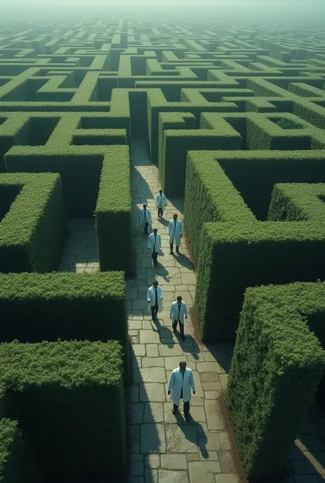 aerial view of a group of doctors lost in a maze.