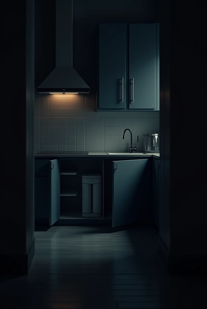 I want to create a 9 :16 , From a dark black kitchen you can see half the floor and the rest of the kitchen and the cupboards  ,  and the doors under the sink open with a small white reverse osmosis inside 