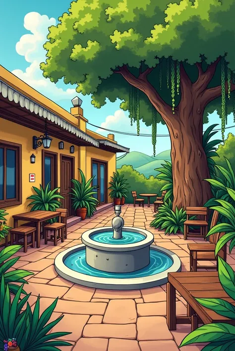 Create a cartoon like image for a T-shirt that will represent the outdoor area of a cigar store called Tabacos y Cafe , it has a cement round water fountain in the middle of the garden , wooden tables with its chairs, a big guava tree to one side of the ga...