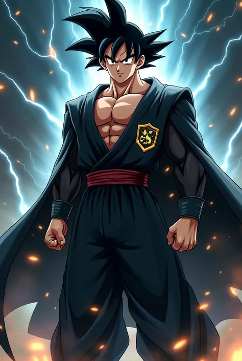 son goku with harry potter scar on his forehead and dressed in harry potter clothes looking powerful and realistic