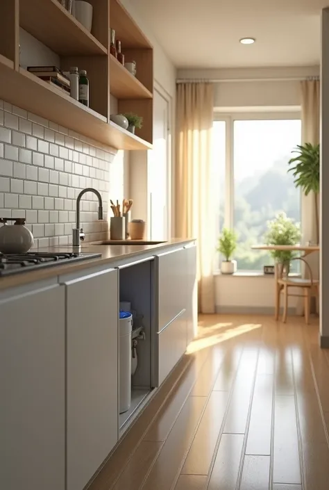 I want to create a 9 :16 , of a kitchen with light that you can see half the floor and the rest of the kitchen and the closets , and the doors under the sink open with a small white reverse osmosis inside, it is important to see the osmosis and the faucet ...