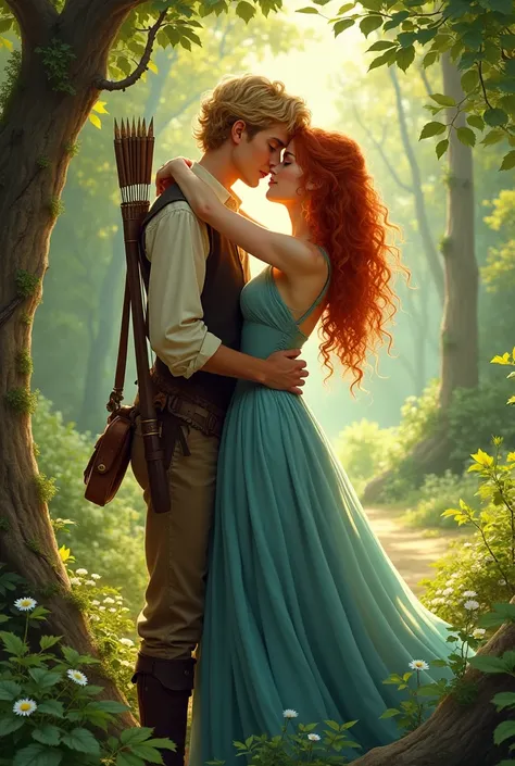 Young blond archer man wearing green vintage clothing kisses curly redheaded woman in blue dress in the forest