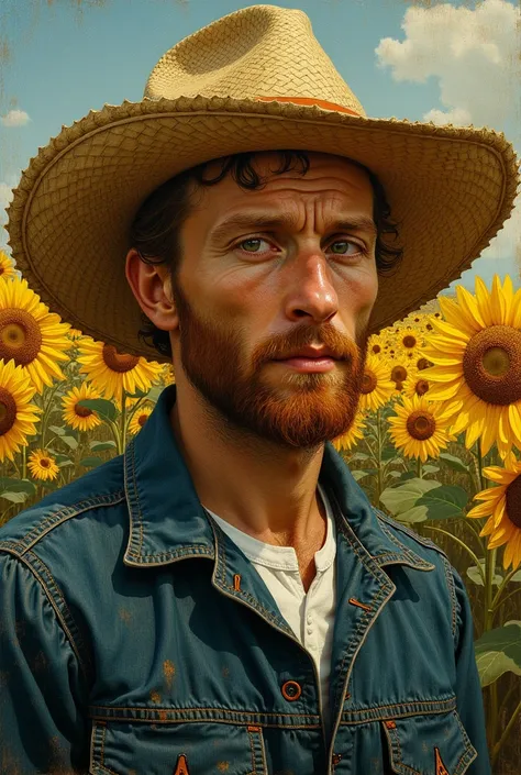 (photorealism:1.2), (Van Gogh in a straw hat with sunflowers:1.5) dilated pupils, dark and beautiful by Pino Daeni, by Bastien Lecouffe Deharme, Tom Bagshaw, Decopunk by Alphonse Mucha, hyperdetailed oil on canvas, fine brush strokes, depth of field, HDR, ...