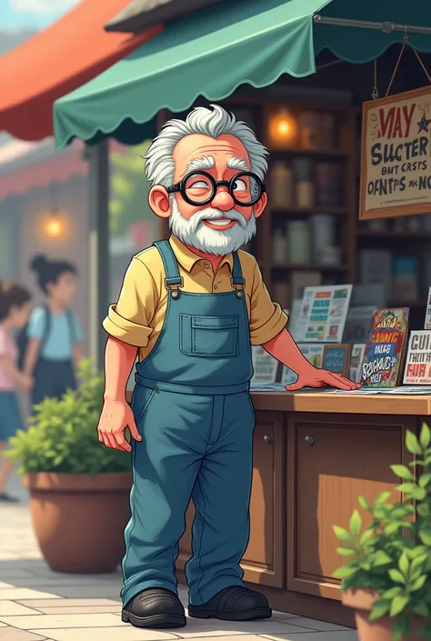 An elderly man with a gentle smile, old people glasses with one broken lens, facial hair, wears a light blue mechanic overalls and black shoes, works at a stall that sells bumper stickers with inspiring phrases, realistic body proportions, anime style.