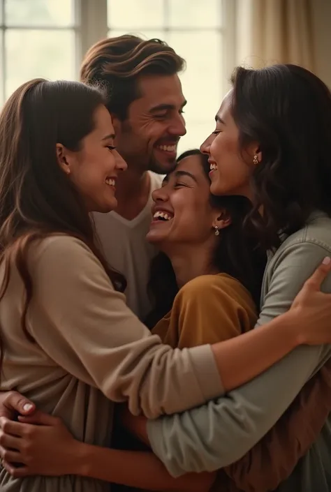 A tight frame captures a heartwarming moment of a group of people embracing, their faces filled with joy and affection. Soft natural light spills in from the side, illuminating the tender scene. The embracing figures are positioned in a circular compositio...