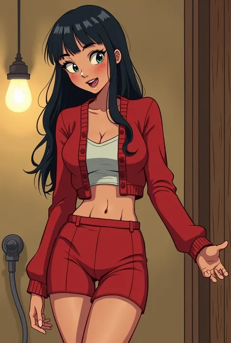 cartoon, two schoolgirl, very skinny, in the 60s, wearing a short, open small cashmere cropped red cardigan, pointy showing, excited, came looking for, long nipples very, all wet with cum, lots of cum, moam many, mens sauna, moaner, very hot