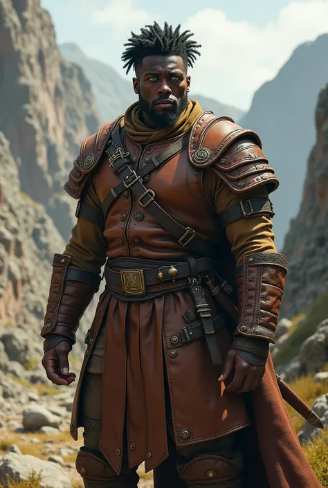 A black MAN with green eyes and curly hair wearing a medieval brown leather outfit 