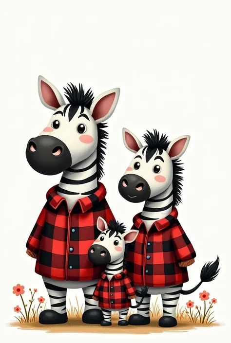 Drawing of a family of funny Zebras wearing a plaid shirt 
