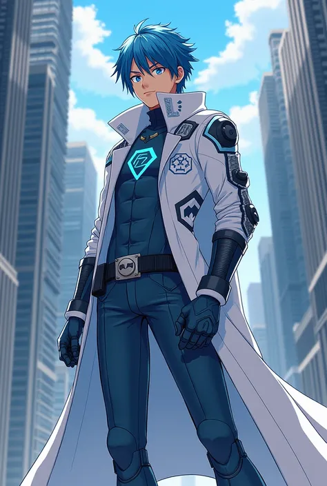 Create a male character based on My Hero Academia ,  where the character has short blue hair styled and wears an outfit based on Captain Cold in shades of white and dark blue and is not very strong