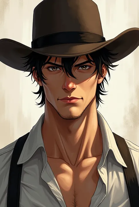 a close up of a man wearing a hat and suspenders, a character portrait inspired by Fernand Toussaint, trending on pixiv, conceptual art, jesse mccree, mccree from overwatch, black cowboy, anime handsome man, a portrait of the character, commission for high...