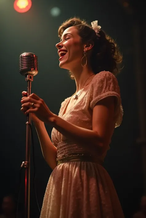 A joyful female singer in a vintage dress sings passionately into a classic microphone on stage.