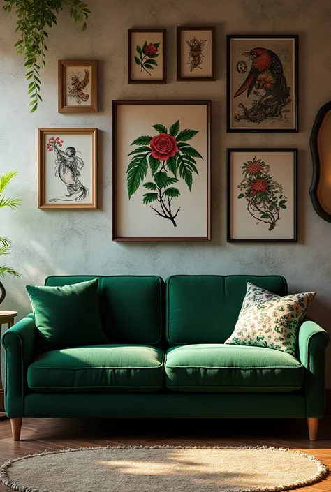 green corduroy sofa with side table and sofa cover, Behind it a wall with tattoo flash in the style of a tattoo studio