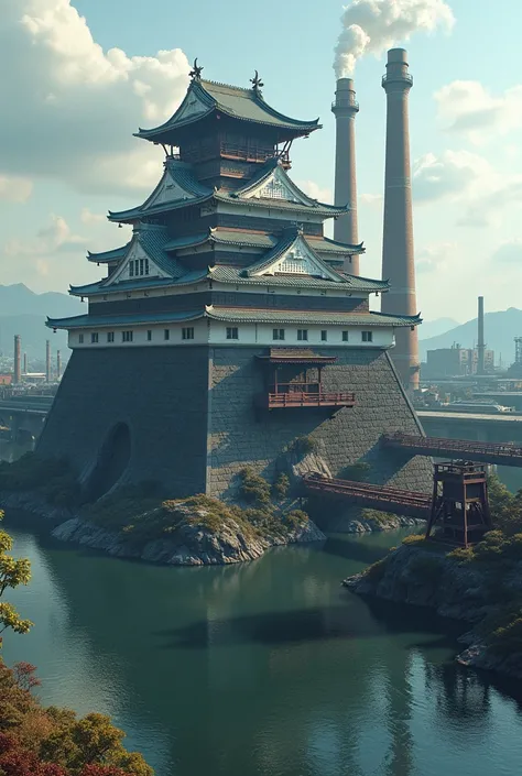  A Japanese castle mixed with a factory - industrial influence, Chimneys ,  Water drains 