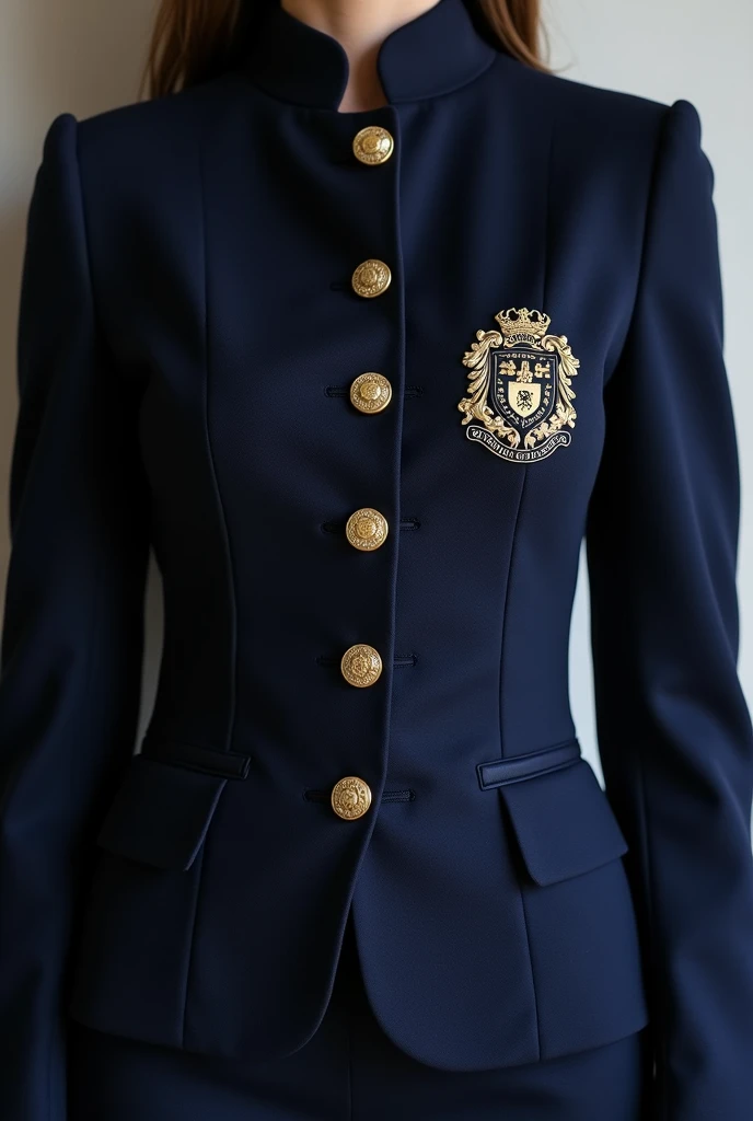 Navy blue blazer () with gold buttons engraved with the school emblem,  classic lapels and embroidered shield on the chest . (Women)