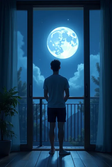 One boy who is standing infront of balcony door which was made of glass and open the gate for going into balcony to view full moon and night scene  age is 30a little healthy boy