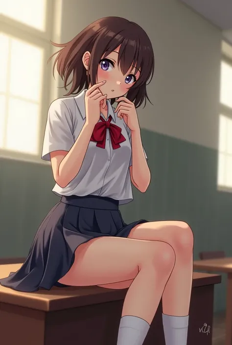  Alisa Mikhailovna Kujou in her schoolgirl uniform sitting on a desk ,her skirt is a little raised so her panties are exposed , she is showing her feet in white socks to the camera while putting on a slightly itchy face as if she were dominant