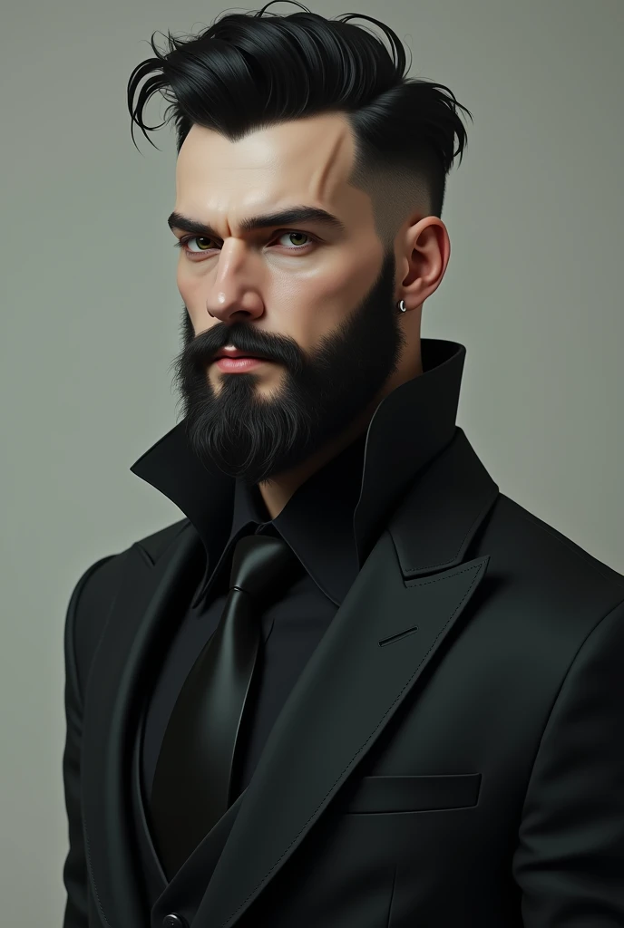 ((best quality)), ((masterpiece)), (detailed), (masterpiece, best quality:1.2), highly, detailed, highres, solo focus, one person, white skin, black hair, voluminous hair, elegant hairstyle, Long Strubble Beard style, black suit, black tie, black skirt, sp...