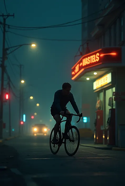 Create me a believable late night bike ride while stopping at a gass station at night