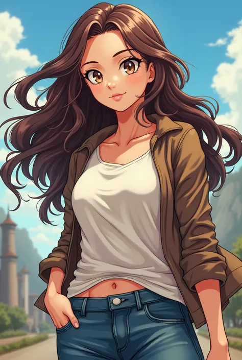 Dragon ball super comics panel of a female. she has brown hair, and she brown eyes, she is a human, she is wearing casual clothes.