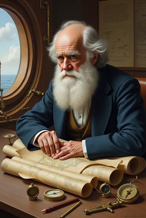 a portrait of Charles Darwin on the HMS Beagle surrounded by maps and navigation equipment, To pencils 