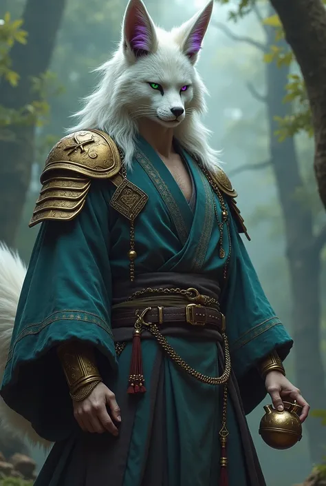 Man Alchemist of the kitsune race, wearing leather armor under kimono. With white hair, purple right eye and green left eye. And holding a homemade bomb in his hand