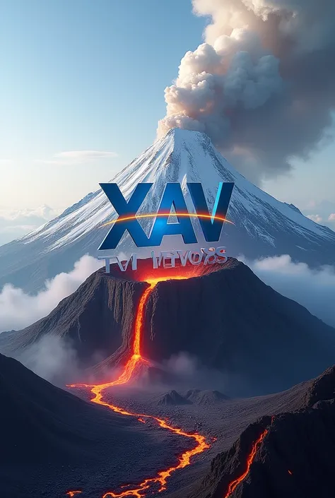 Design this name ( XAV TV NEWS ) as name located in top of volcanoes