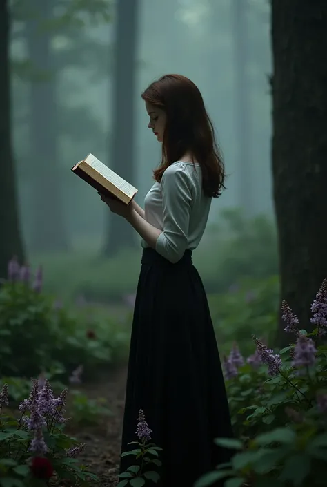 Bella Swan From the movie Twilight  in the forest stands and aesthetically reads a book photo shoot cinematic light Bella in a modest Shirt and long black skirt  roses fog lilac flowers Dark mysterious atmosphere Nearby, Edward Cullen puts his arm around h...