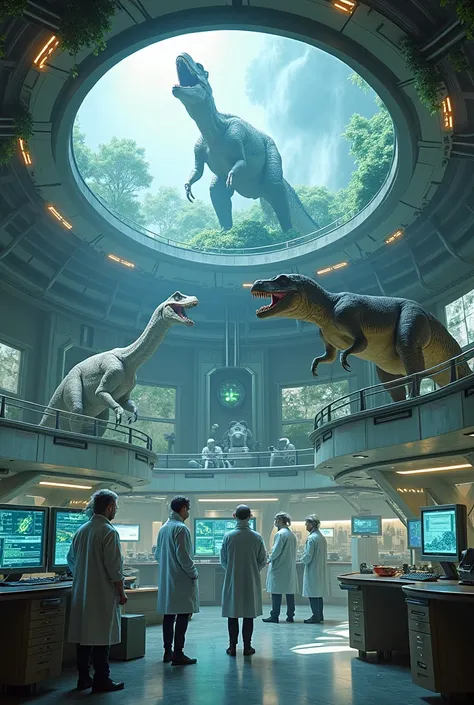 Futuristic laboratories where scientists study dinosaurs ,  using their biology to create advanced drugs or even try to communicate with them.