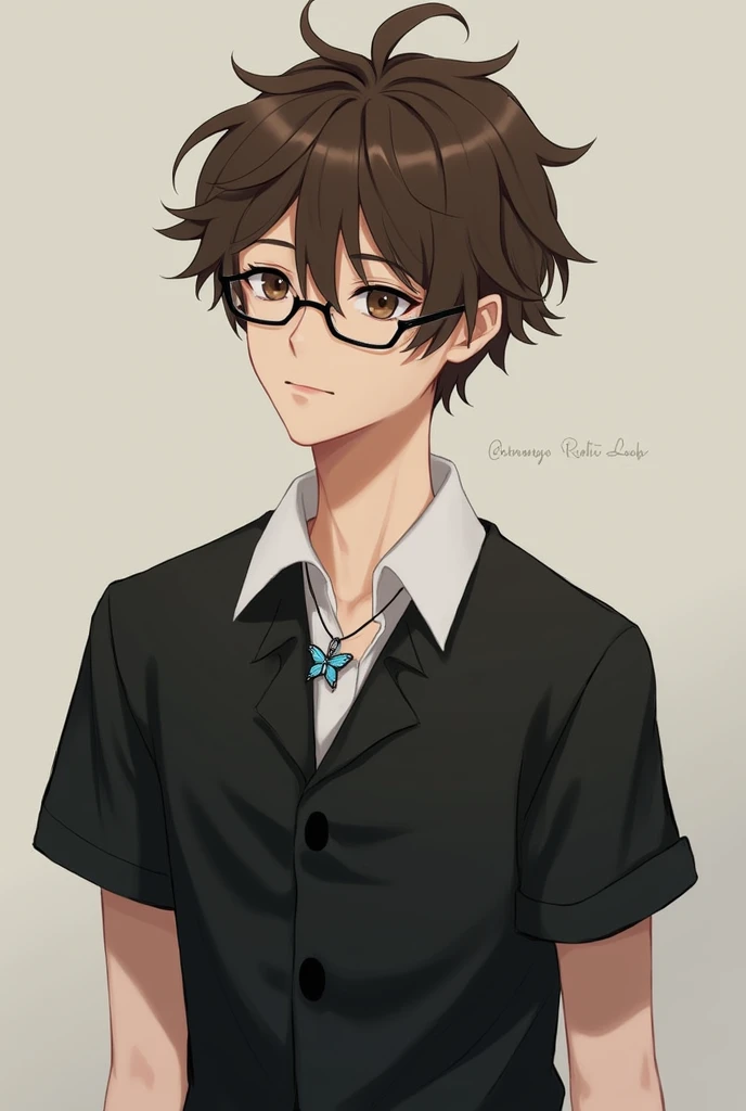 A young man with glasses with a thin frame and his hair cut brown and with a fringe in the middle of his forehead , black shirt with sleeves and white collar and with a necklace with a blue butterfly pendant 