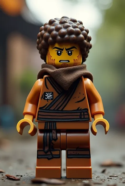 Lego minifigure in brown ninja suit without sleeves with bandana and curls brown hair