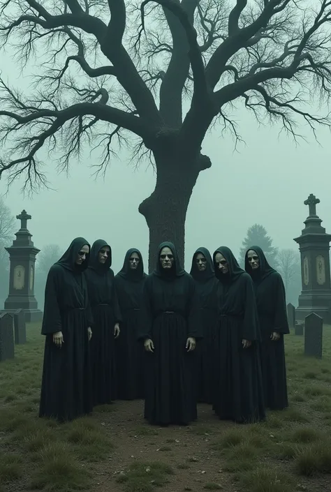 (photorealism:1.2), Realistic photo of 9 broken souls, Under a tree in a cemetery 