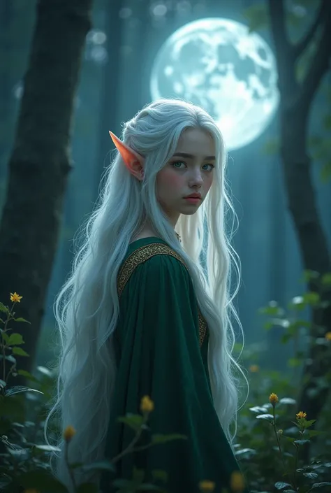 Beautiful elf girl,  in the dress of a forest guardian ,  with white hair , Long and bright, eyes that are like a galaxy ,  in the middle of a forest where the moonlight illuminates it, with a sad look 