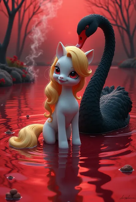 My little pony avec une cigarette, un cygne noir sur un lac rouge 