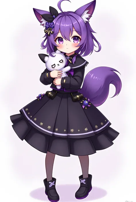 A girl,  full body , Looking forward, standing, holding a stuffed animal, media melena, purple hair,  very detailed,  Fox ears , detailed eyes,  style anime clothing similar to Genshin Impact, black and purple, neckline, many accessories, skirt, Genshin Im...