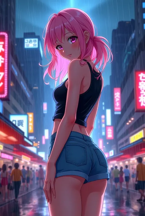 An anime-style medium shot of a woman with striking pastel pink hair. She is wearing a black tank top, denim shorts, and sandals. The background is a lively and steamy club atmosphere. The image is contrasted with a bustling cityscape with neon lights, rai...