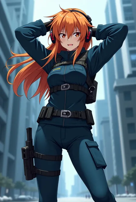  Anime girl Asuka Langley in Soft Shell uniform Gen 2 / 3 blue ,  Urban blue tactical pants , boots:  “M6 Merrelle” black ,  gloves:  tactical black ,  HK USP Pistol Holster on the leg ,  Shield Guard Bulletproof Vest ,  long bright orange hair and dark bl...