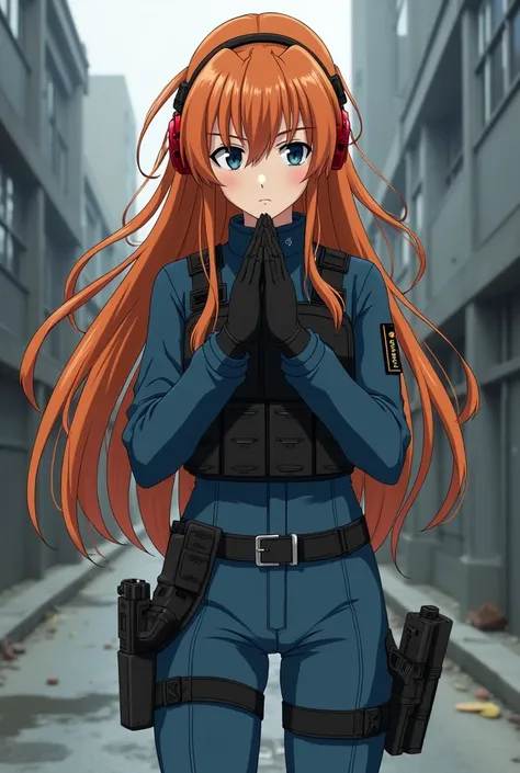  Anime girl Asuka Langley in Soft Shell uniform Gen 2 / 3 blue ,  Urban blue tactical pants , boots:  “M6 Merrelle” black ,  gloves:  tactical black ,  HK USP Pistol Holster on the leg ,  Shield Guard Bulletproof Vest ,  long bright orange hair and dark bl...