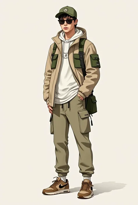 An outfit with these Cargo Café accessories 
Beige and white shirt
Beige hoodie → with green details← optional
Nike with brown or beige or green touches
