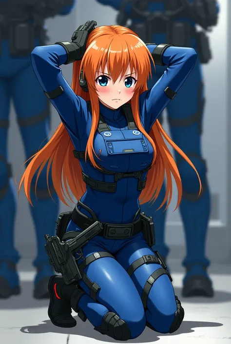  Anime girl Asuka Langley in Soft Shell uniform Gen 2 / 3 blue ,  Urban blue tactical pants , boots:  “M6 Merrelle” black ,  gloves:  tactical black ,  HK USP Pistol Holster on the leg ,  Shield Guard Bulletproof Vest ,  long bright orange hair and dark bl...